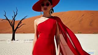 red one‑shoulder gown long sheer train wide‑brimmed red hat and heels. #Deadvlei #Namibia #fashion screenshot 3