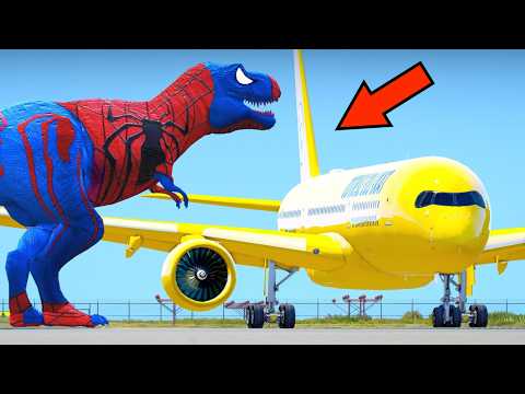 Airplane Crashes Into Dinosaur Spider-Man And Crashes On Beach Due To Burning Engines | GTA 5