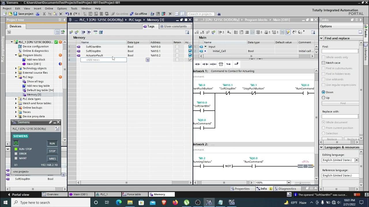 TIA Portal Create Tag Table, Assign Memory Bit, Fault Detect Logic and