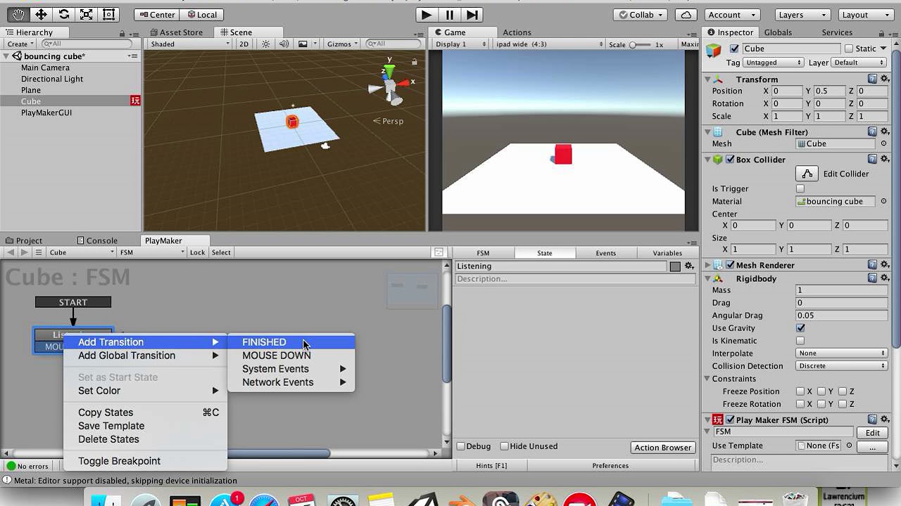 unity 3d playmaker 玩 tutorial 5 中文遊戲教學 bouncing cube 彈跳力 方塊 - YouTube