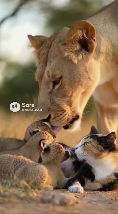 Cat Mama Feeds Lion baby And Lion Mom Says Thank You #lion #cat #motherlove#animalfriends #rescue
