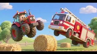Tractor and Firetruck Jump the Haystack 🚜🚒🌾 | Kids Song & Nursery Rhyme | Vehicle Counting Fun