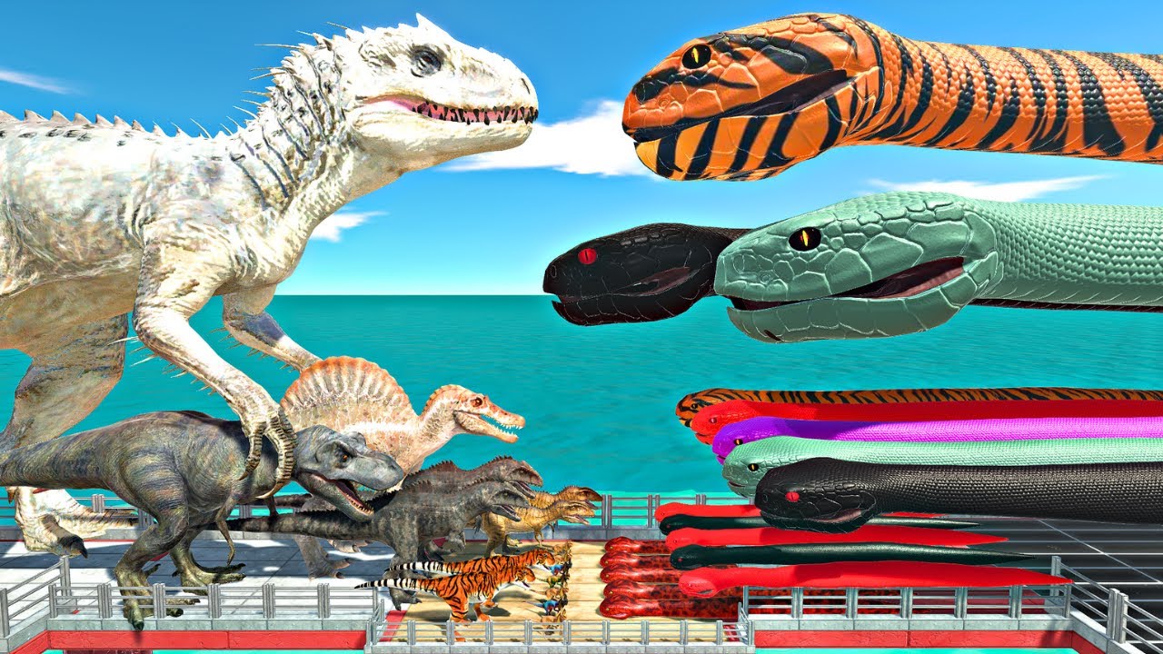 Dinosaurs Bridge Challenge | Giant Snake Team vs Indominus Rex - Animal Revolt Battle Simulator