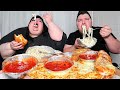 Massive Alfredo Pizza & Fettuccine Noodles with Hungry Fat Chick • MUKBANG