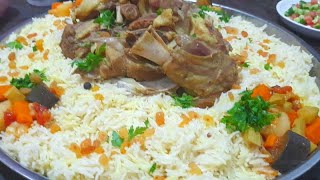أسهل طريقة لطهي  أرز المندي باللحم و مرقة الخضار الشهية مع الدقوس اللذيذ بطريقة سريعة واقتصادية