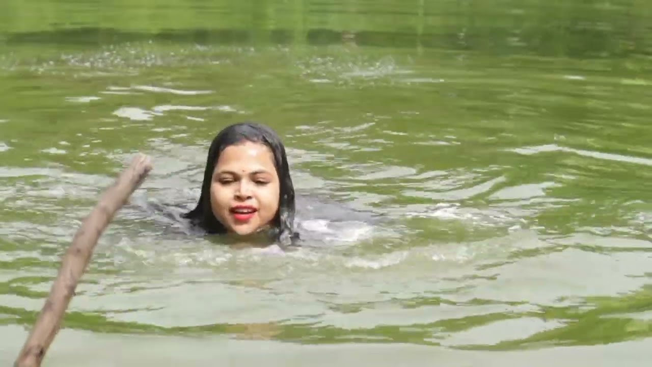Very long hair wash in the POND ll Requested video ll Swimming Time ll Village Pond hair wash ll