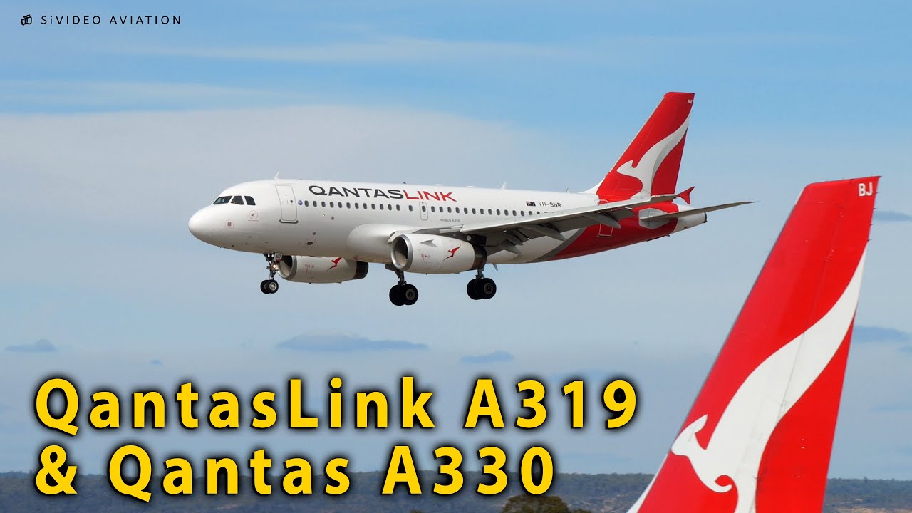 QantasLink (VH-8NR) arrives & Qantas Airways (VH-EBJ) departs RW03 at Perth Airport.