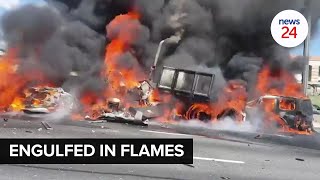 WATCH | Truck transporting cars in fiery accident on N1 near Allandale offramp WATCH | Truck transporting cars in fiery accident on N1 near Allandale offramp