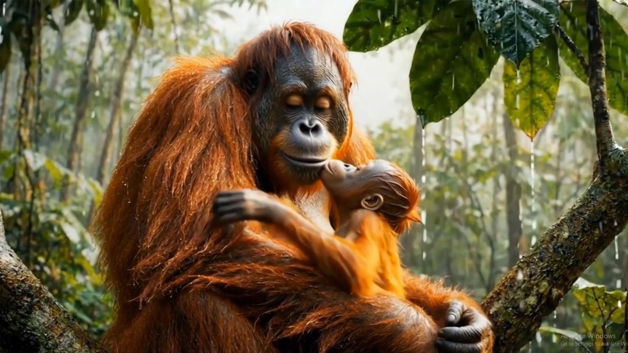 While the Jungle Storm Raged, the Baby Orangutan Gently Kissed Its Mother ❤️🌧️