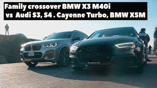 Family crossover BMW X3 M40i vs. Audi S3, S4, X5M. Cayenne Turbo