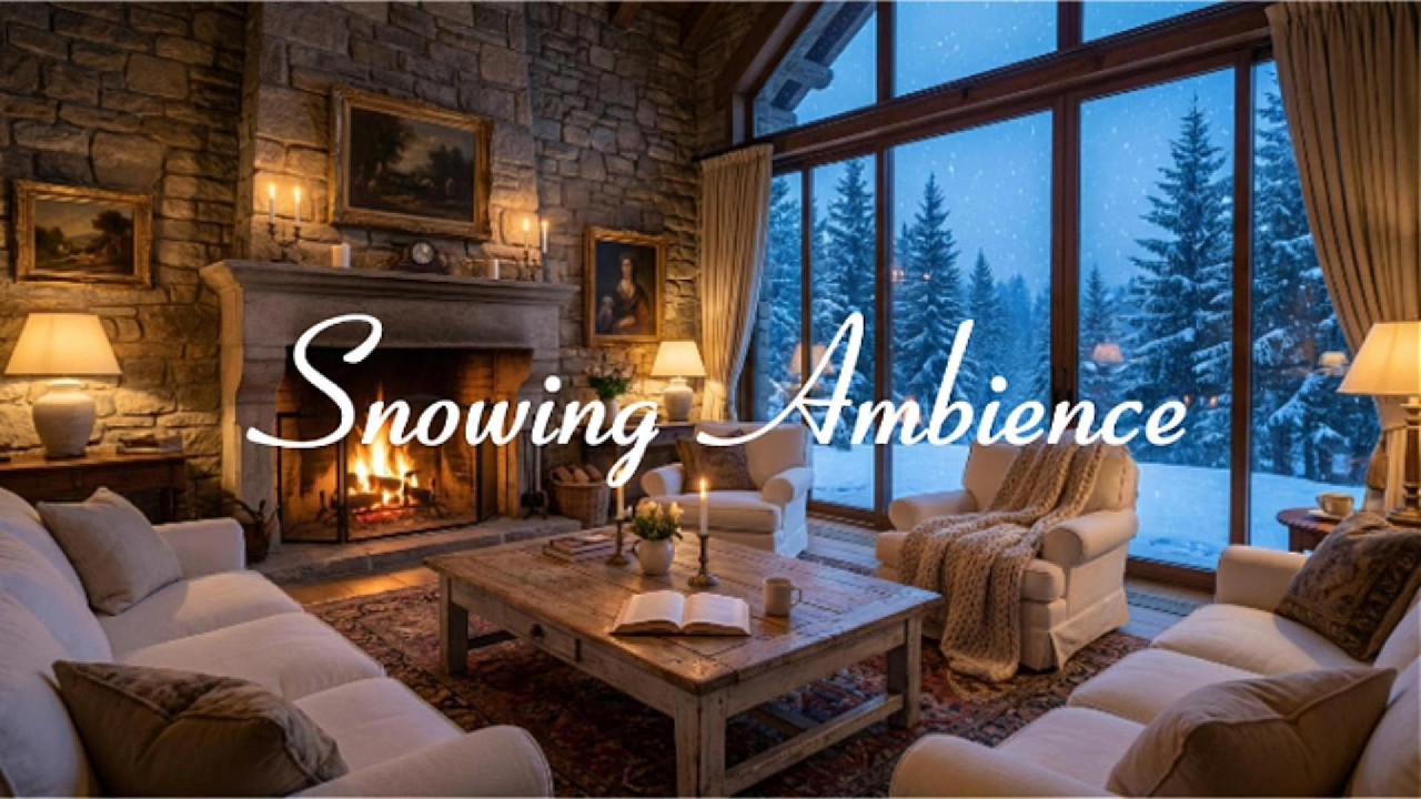 Cozy Winter Evening  | Fireplace, Snowfall & Coffee Ambience