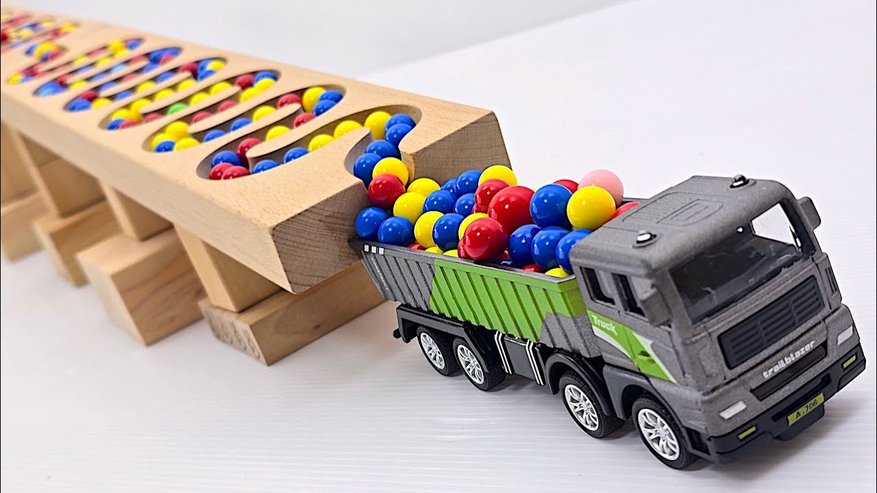 Quiet Toy Truck ASMR on a Wooden Marble Track | Dump Trucks, Cargo Truck & Colorful Beads