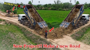 Nice Techniques Equipment Startup New Project! KOMATSU D53P Push Soil, Team Truck 25T unloading Soil