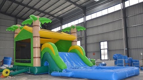 Inflatable Tropical Bounce House with Slide and Pool Inflatable Bouncer Combo with Banner