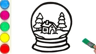 Snow Globe Drawing, Painting And Colouring For Kids Art And Learn Cristmas Drawing
