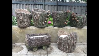 Декоративный горшокпенёк из яичных лотков и цемента | DIY Cement Pots Shaped Like A Tree Stump