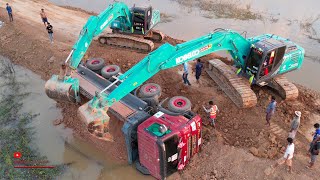 Unexpected​ Dumper Truck Fall Down Fails Operators Helping Recovery With Kobelco SK26lc And Sk200