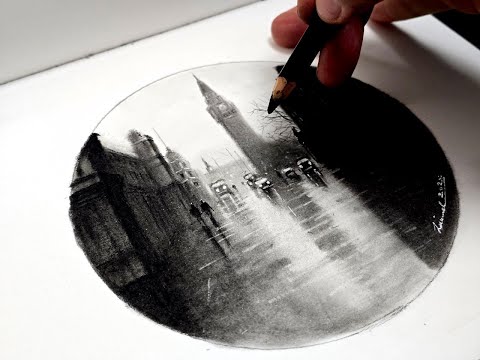 London in the Rain | Conte Pencil Sketch