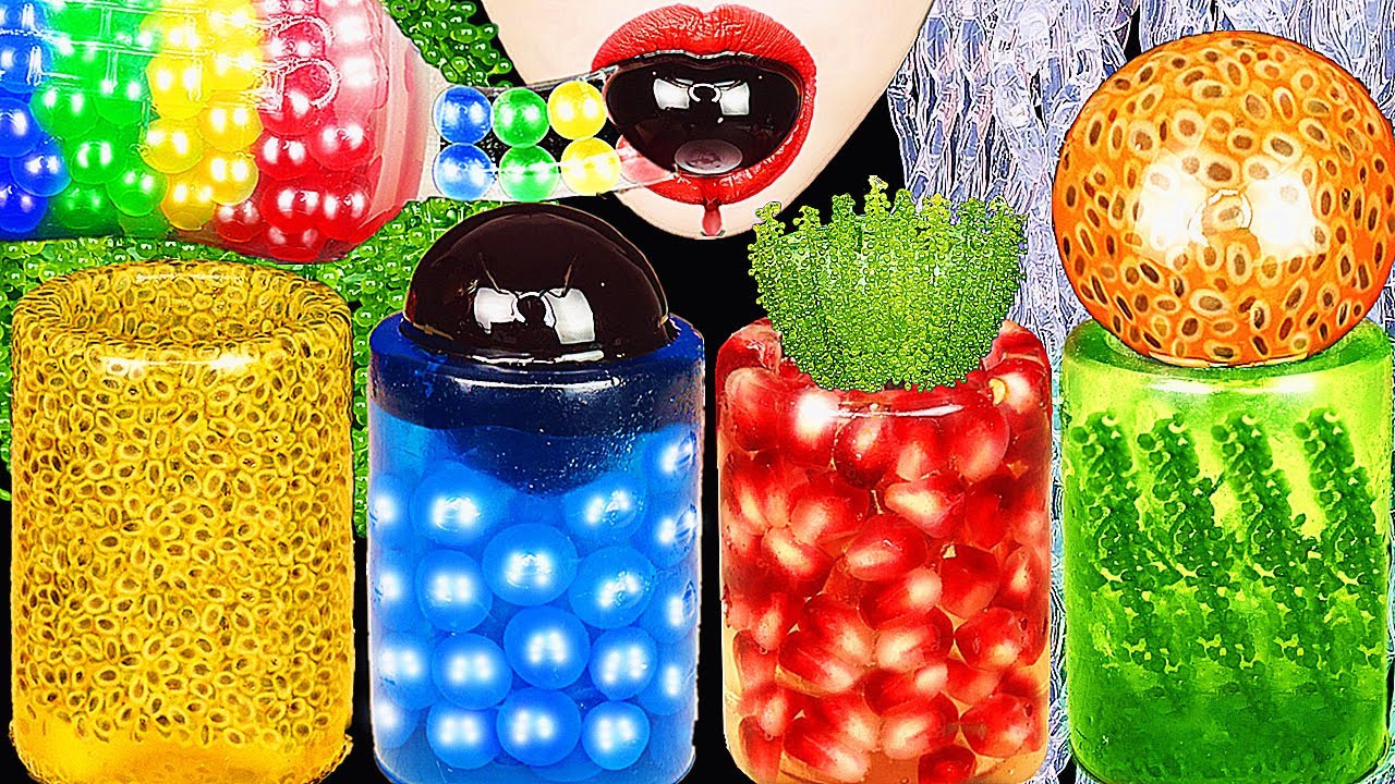 ASMR RAINBOW DRINKS *BOBA TEA FROG EGGS JELLY CUPS, SEA GRAPES, BIRD GLASS 신기한 물 먹방 DRINKING