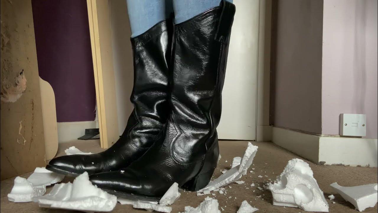 ASMR Cowboy boots in blue jeans crushing polystyrene, leather