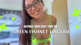 4K Transparent Green Lingerie Try On Haul | Natural Mom Body