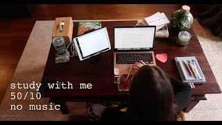 3HR STUDY WITH ME | 50/10 POMODORO | background noise, no music, asmr, real time, bell + timer