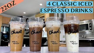 4 CLASSIC ESPRESSO DRINKS: LATTE, CAPPUCCINO, MOCHA, CARAMEL MACCHIATO - RECIPES FOR 22OZ CUPS