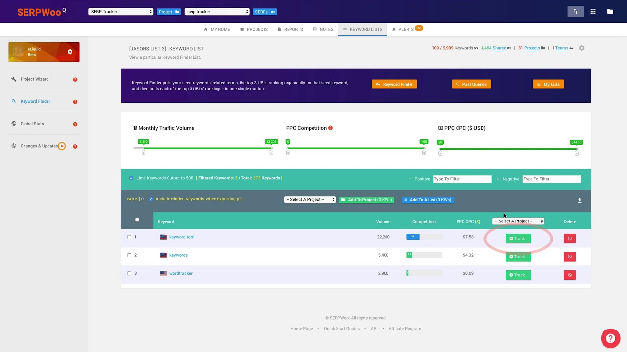 SERPWoo's Keyword List Function