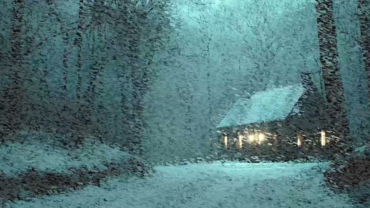 Lonely Cabin Hidden Deep in Silent Forest Under Cold Endless Winter Blizzard Night Time Scenery