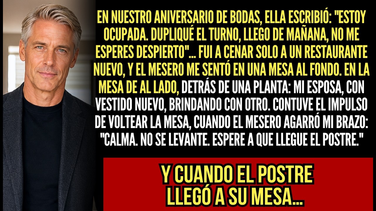 El mesero me agarró el brazo y me susurró: “Calma, no se levante. Espere a que llegue el postre.” A menos de dos metros, detrás de una planta, mi esposa reía con otro hombre en nuestro aniversario...
