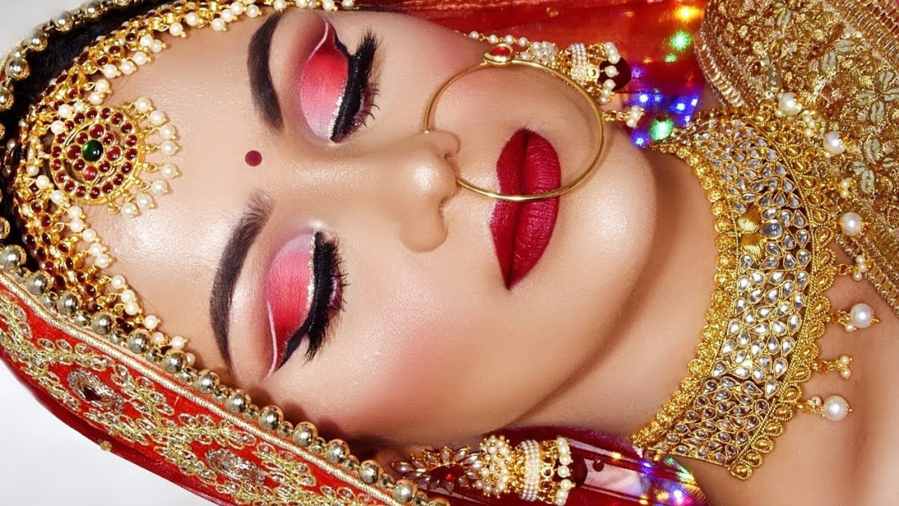 Day Time INDIAN BRIDAL MAKEUP Tutorial Ombre Eyeshadow Glitter Eyeliner With Red Lipstick