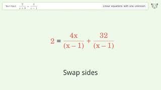 Linear equation with one unknown: Solve 2/(x+8)=4/(x-1) step-by-step solution