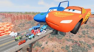 Pixar Cars vs Big \& Small Lightning McQueen, King Dinoco, Tow Mater vs Lava Bridge - BeamNG.Drive