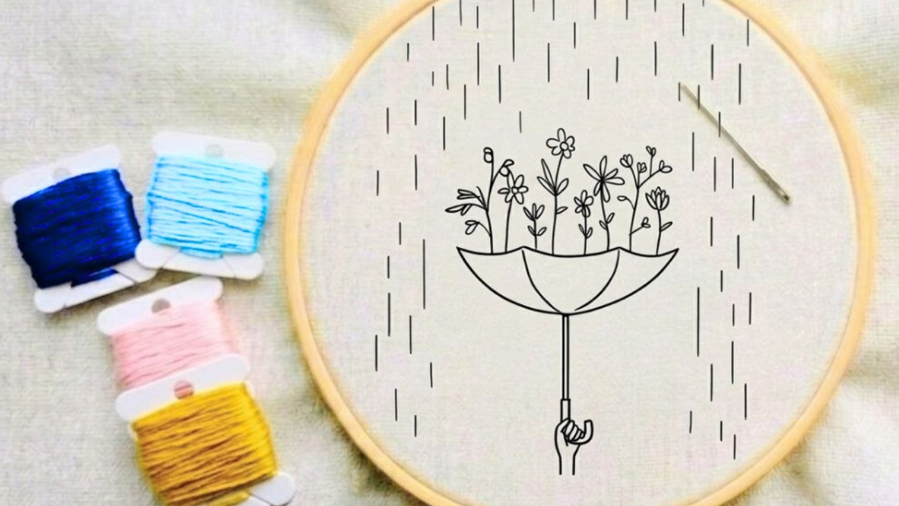Relaxing Umbrella Flower Embroidery | Calm Hand Stitching with Soft Music