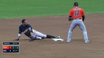 MIA@MIL: Gomez steals his 30th base of the season