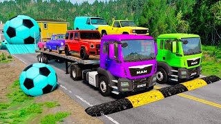 Double Flatbed Trailer Truck vs Speedbumps Train vs Cars | Tractor vs Train Beamng.Drive 017