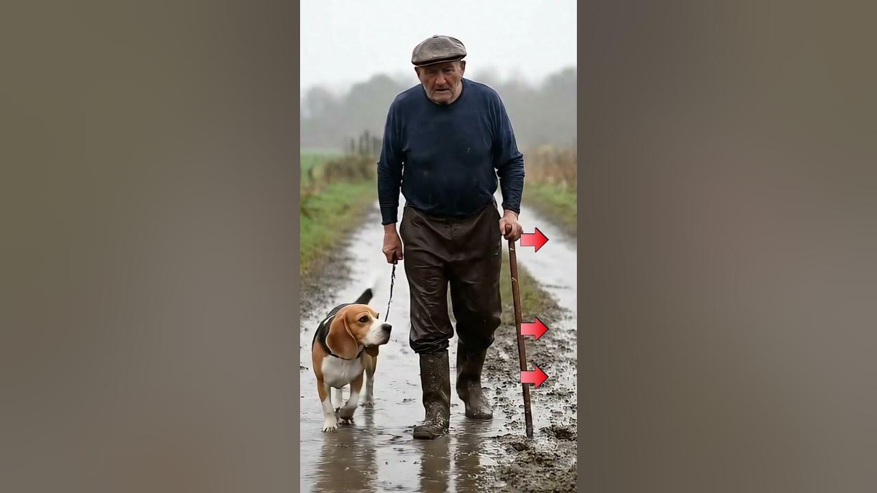 Rainy Day Companionship: Elderly Farmer and His Loyal Dog on Rural Path | Real-Life Moment