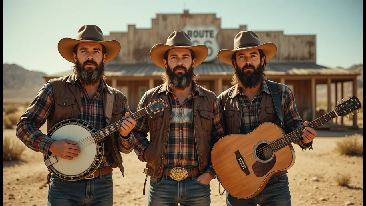 Wild West Atmosphere on Route 66 | Three Cowboy Musicians with Guitar and Banjo