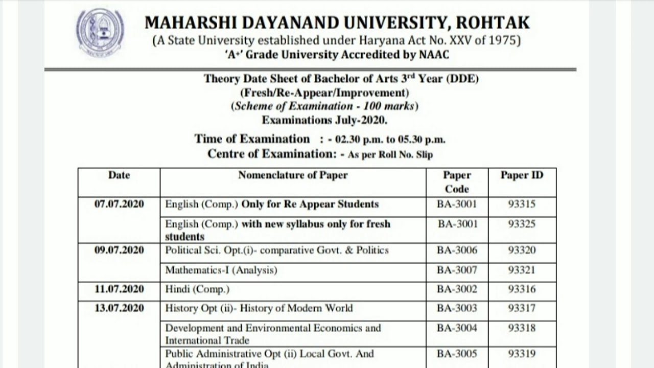 MDU B A BCOM DDE 3YEAR DATESHEET 2020 YouTube mdu-b-a-bcom-dde-3year-datesheet-2020-youtube