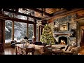 HD Christmas Tree Log Cabin Screensaver Scene - fire crackling sound - Cosy living room Snow falling