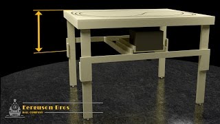 The legs of our model train layout table are height adjustable. The lower table height is set for seated viewing like a coffee table. 