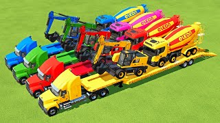 TRANSPORTING EXCAVATOR, MIXER TRUCK, BULLDOZER, POLICE CARS TO GARAGE WITH MAN TRUCK - FS22