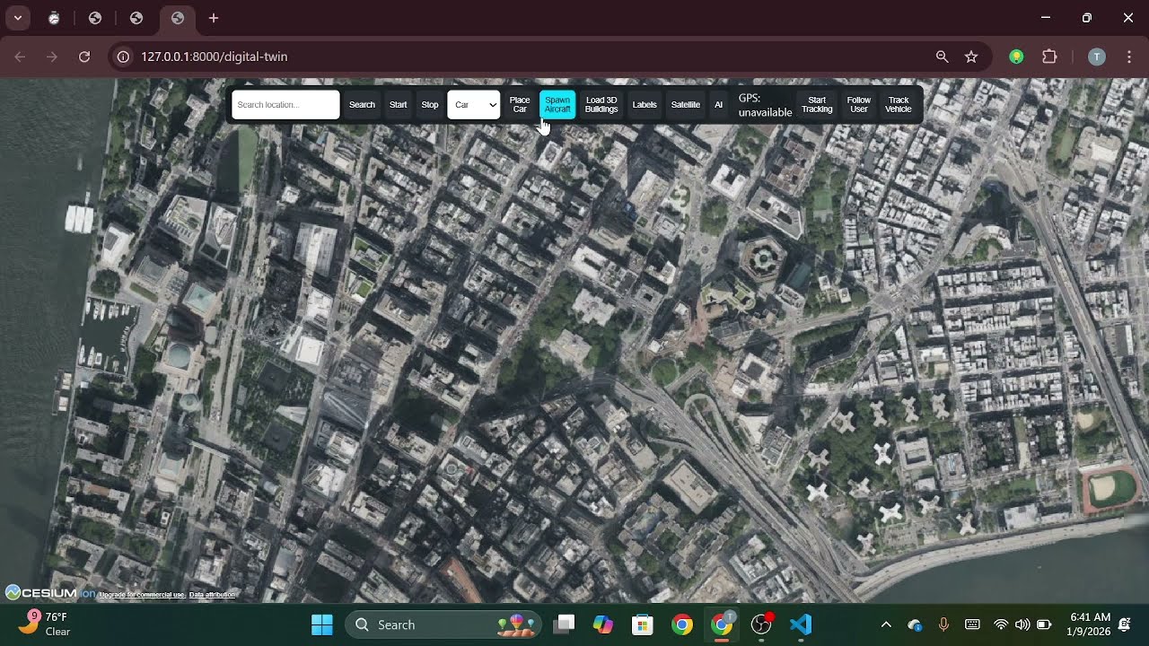 Digital Twin Platform with Cesium, Simulation Engine, AI Navigation, and GPS Tracking