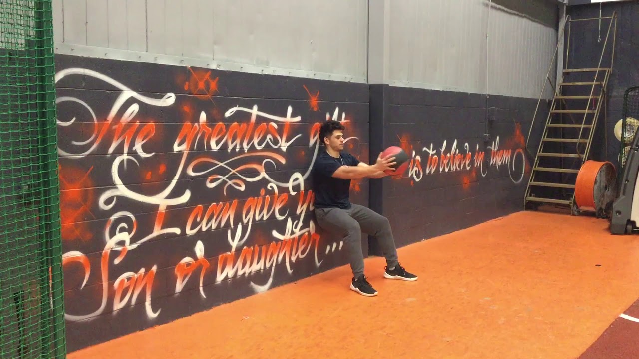 Wall Sit With Med Ball Chest Press - YouTube