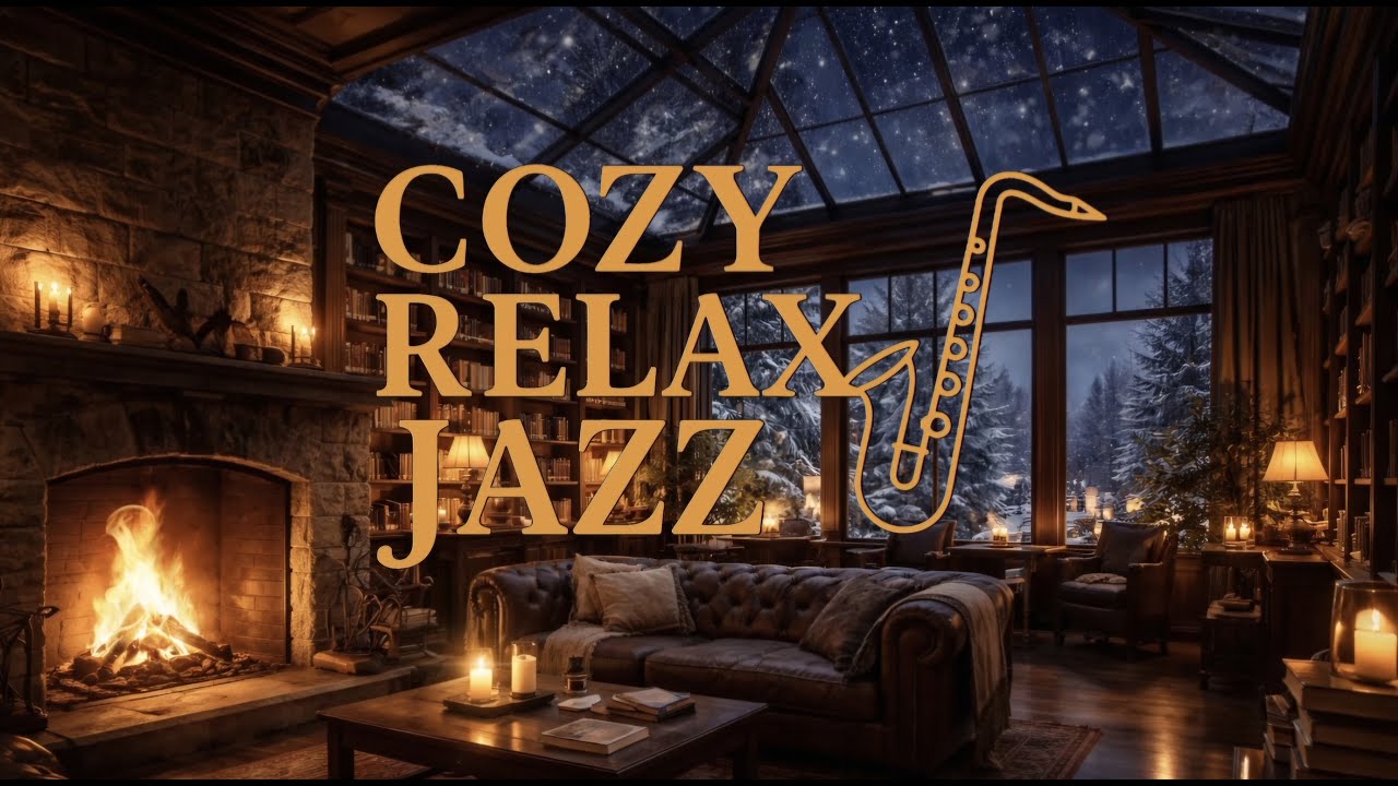 jazz Cozy Winter Bookstore Ambience Fireplace & Snowy Night | Relaxing Jazz Playlist