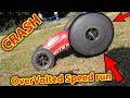 Traxxas Rustler OVER VOLTED Speed Run on Grass Attempt - CRASH!!