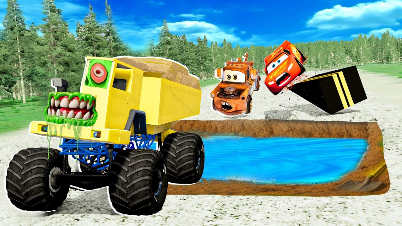 Lightning McQueen and Mater Escape Deep Water Pit Trap vs Dump Truck in BeamNG.Drive
