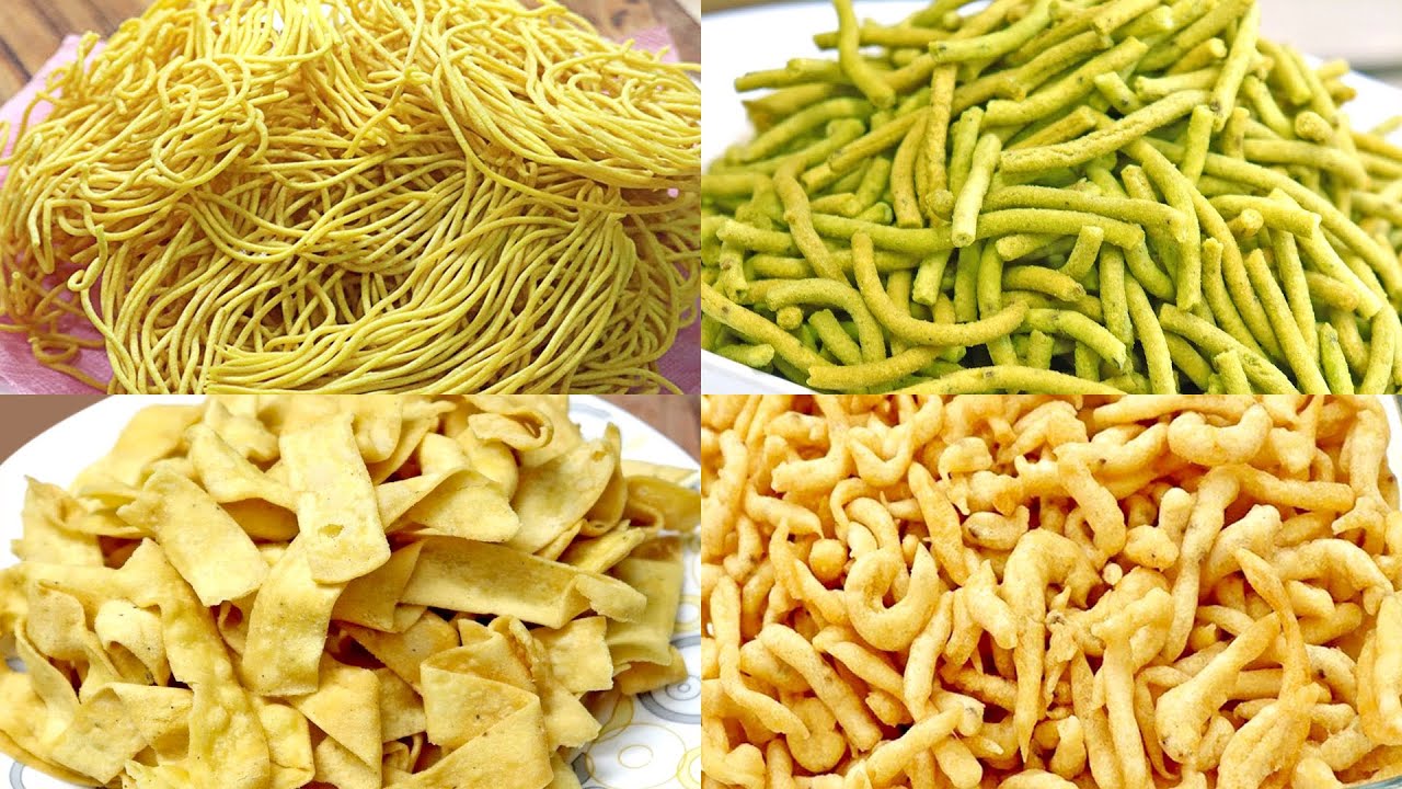 4 तरह के नमकीन की रेसिपी | 4 types of Namkeen | Besan Sev & Papdi, Palak & Bhavnagari Gathiya