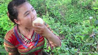 Ethnic Girl Find Wild Food and Climb Tree Pick Wild Fruits - Eating Delicious