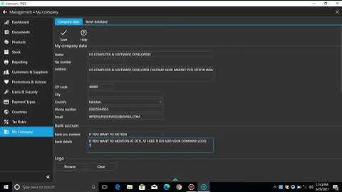 Aronium how to add company details and how bill are looked | wp online services